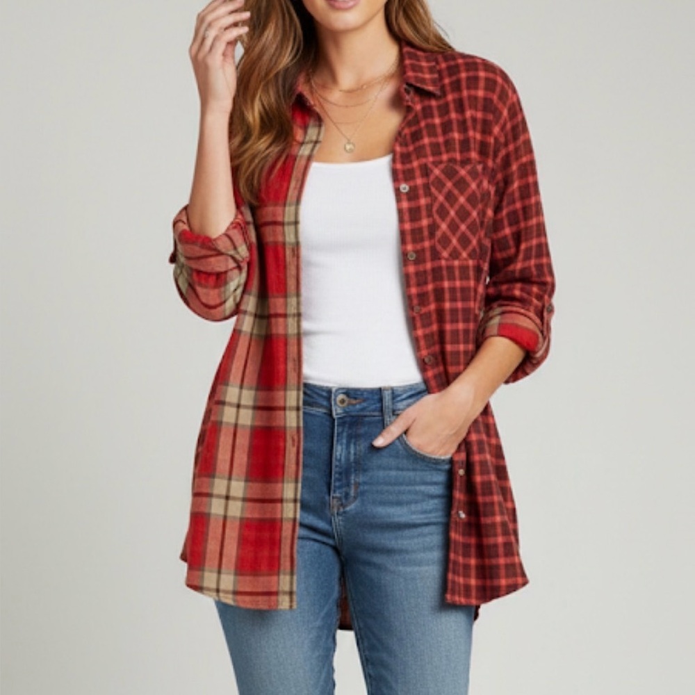 Blue Buttercup Shoptiques Long Duster Tunic Mixed Plaid Button Up Top